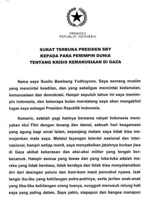 PRESIDEN SBY KIRIM SURAT TERBUKA TERKAIT KRISIS GAZA