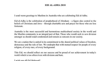 Perdana Menteri Australia Sampaikan Ucapan Idul Adha