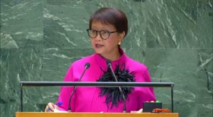 Menteri Luar Negeri (Menlu) RI Retno Marsudi menyampaikan pidato pada Sidang Majelis Umum PBB di New York, Amerika Serikat, Sabtu (28/9/2024) (foto: MINA)